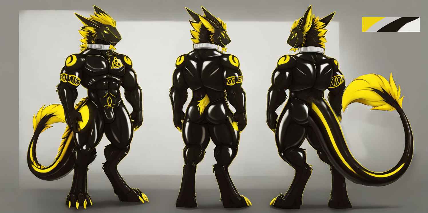 Reference sheet of colour bar, front and back views of a muscular black and yellow living latex dragon with long fluffy sergal tail. Celtic brade tattoo on right bicep, celtic knot tattoo on left pectoral, male breeder tattoo on abs.