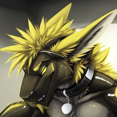 PFP of a black and yellow latex dragon head, tilted to side. Yellow hair and long sergal-like ears