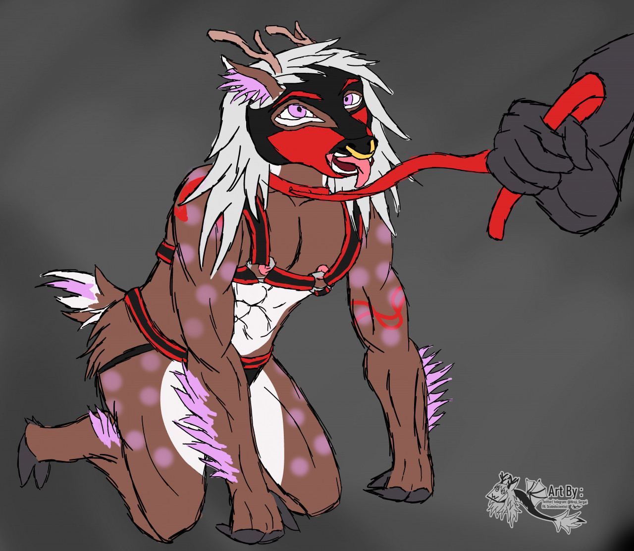 A anthro stag. Brown with white fur and purple spots. Kneeling submissively. BDSM red leather harness. Red pup hood. On leash. Sketchy artstyle.