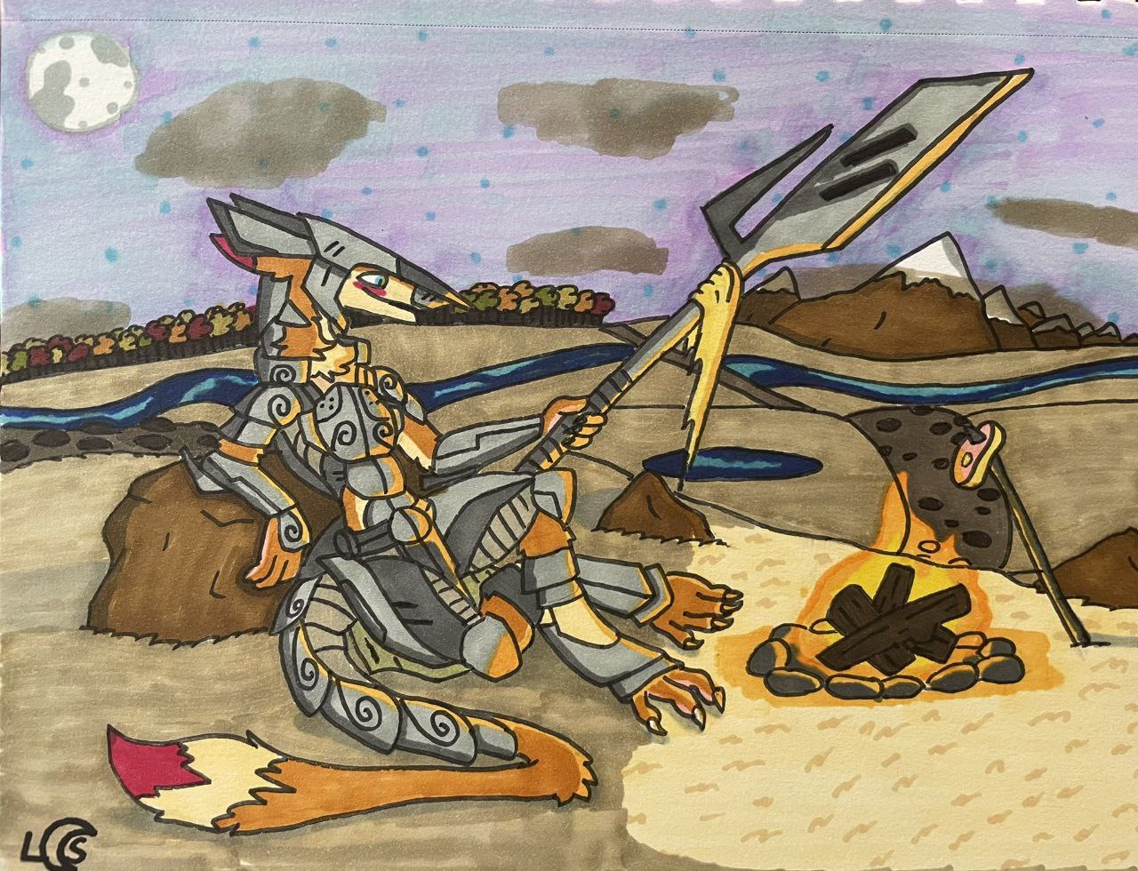 Traditional colour pencil artwork of a sergal male. Golden brown fur with magenta tips and white underbelly. BHe is wearing ornate steel armour and holding a large spear. It is night time and the full moon is out and you can see a autumn forest and mountains in the distance. The sergal is roasting meat over a camp fire.
