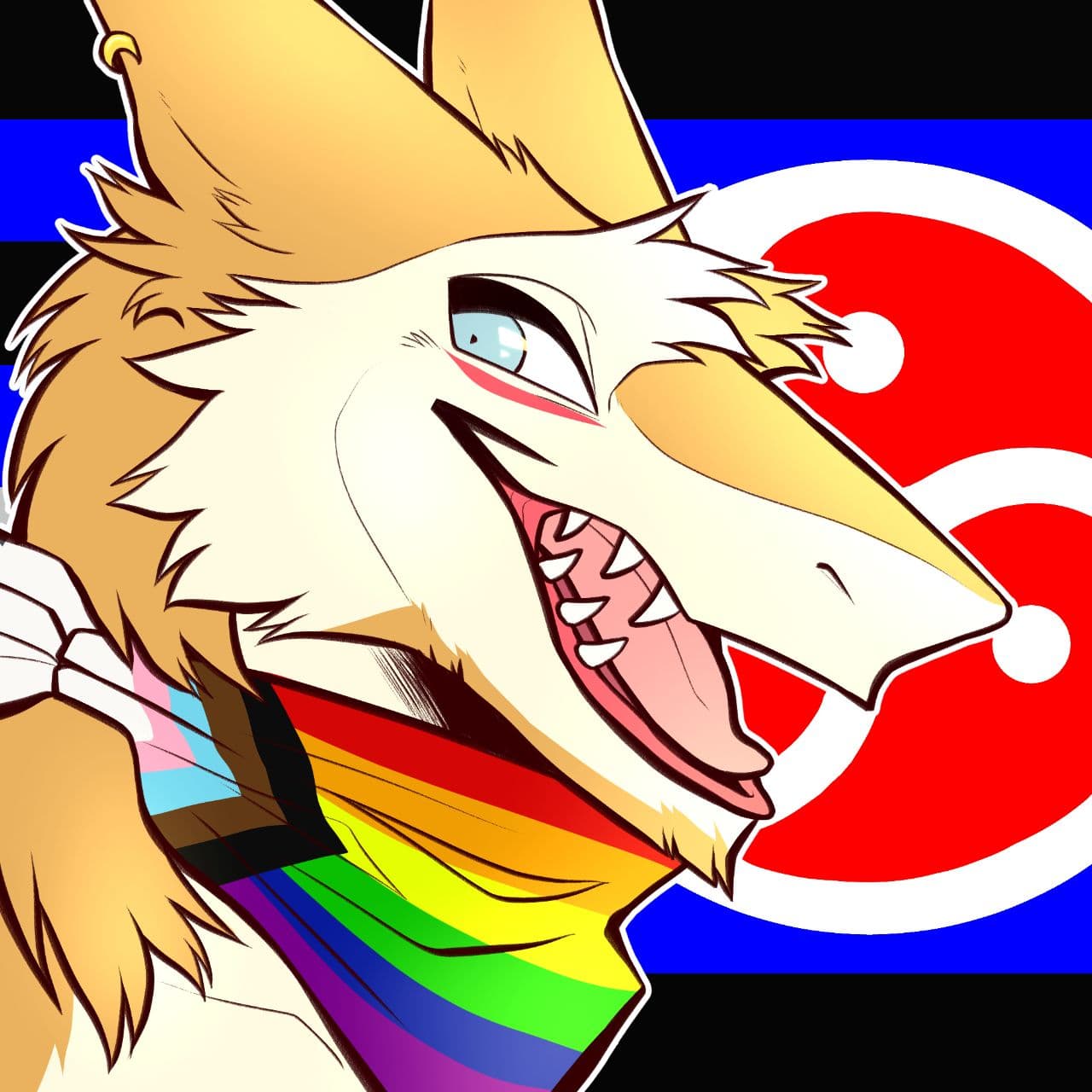 pfp art of a golden brown and white sergal looking right. Progress pride flag bandanner. BDSM flag in background.