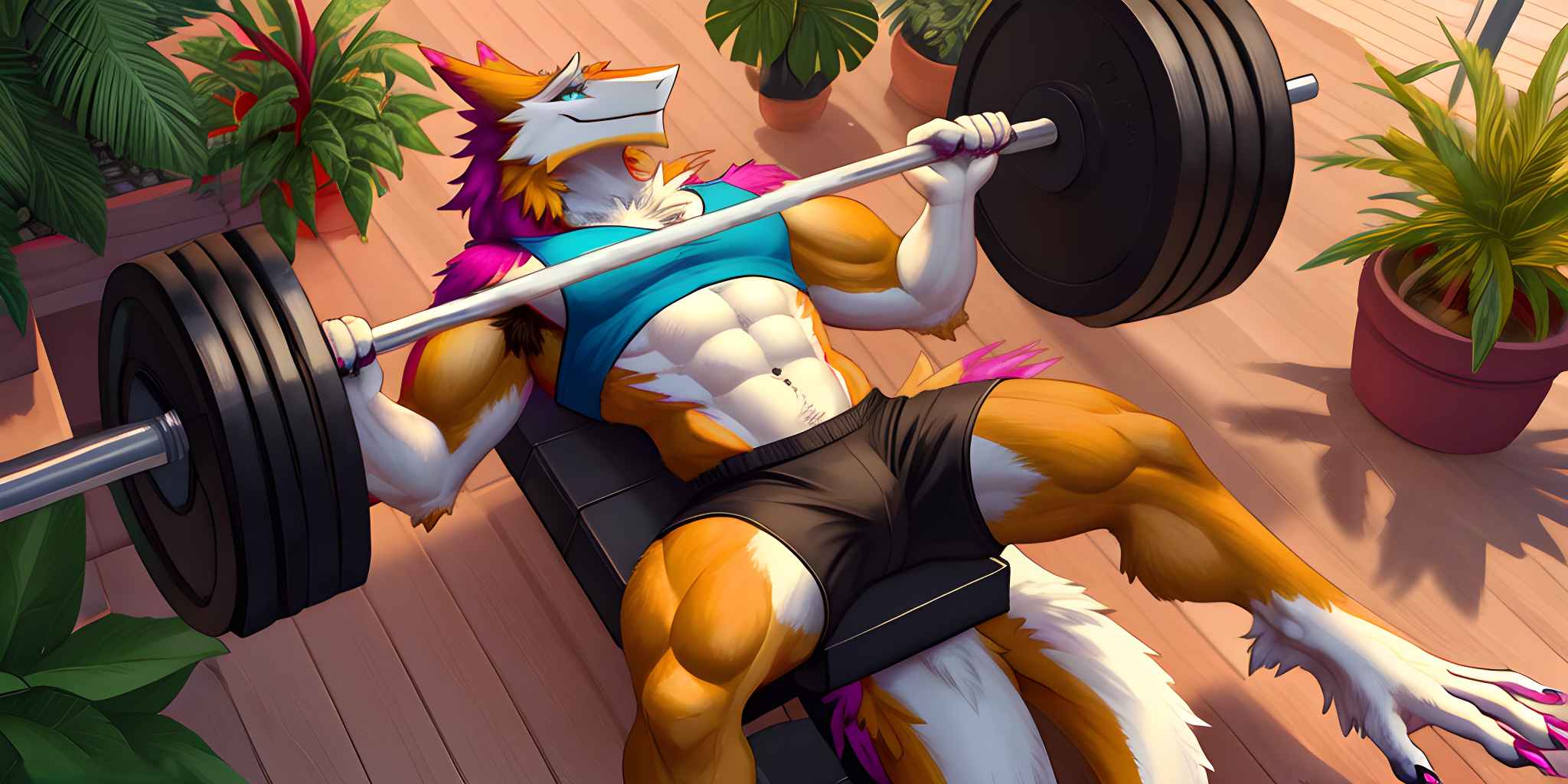 A profile picture of a sergal male. Golden brown fur with magenta tips. Bench pressing a bell bar in a warmly lit indoor background with house plants.