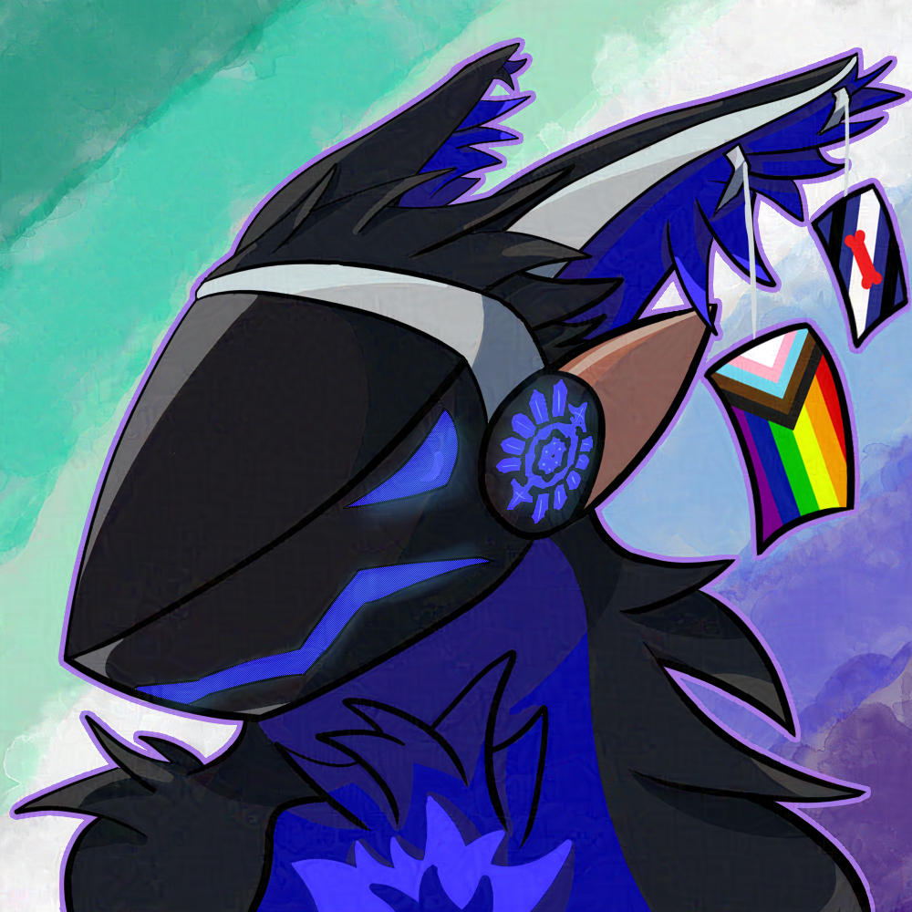  A rainbow pride profile picture of my male protogen Magolor. The image is a digital 3/4 headshot with a watercolour esq diagonal MSM pride flag as the background. The artstyle is digital flat colour with cell shading and black lineart of varying thickness. The subject of the headshot is a black and blue furred protogen with a silver metal headband which extends up his ears. The side panels have a complex blue pattern and a bronze metal fin. The ears are black on the top, metal strip in the middle and blue on the bottom. The torso fur is black on the shoulders and blue on the neck. The protogen is frowning with blue LEDs. The protogen's right most ear has two long silver earrings with rectangular pride flags dangling on them. Left to right a progress pride flag 2018 and the puppy play pride flag.