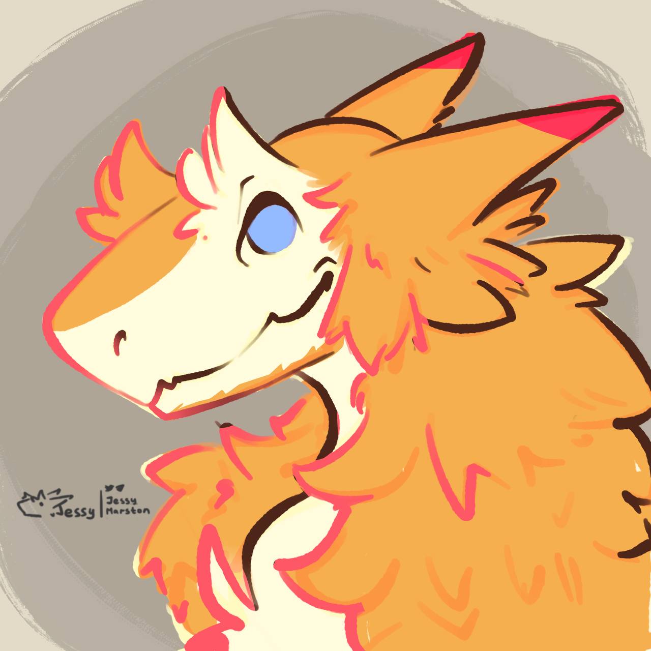 A profile picture of a sergal male. Golden brown fur with magenta tips. Cute chibi style, fluffy, artstyle is marker pen like with distinct lines.