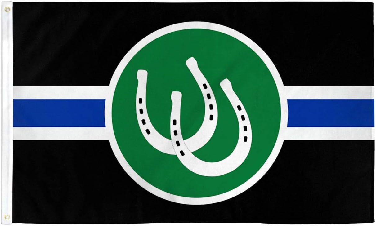 Flag of the pony play community. A black background with a horizontal blue stripe with a horizontal white stripe above and below. In the centre a green circle with two overlapping horseshoes inside of it which overlap with each other. The green circle is surrounded by a white band.