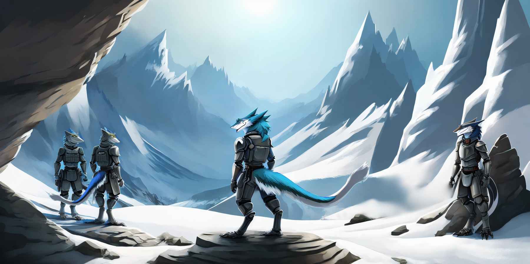 Painterly picture of a platoon pof miltary sergals in an icy mountain range. Centred with back to viewer is Syx the warrior sergal in metal plate armour, sky blue fur and red tear drop tattoo on eyes.