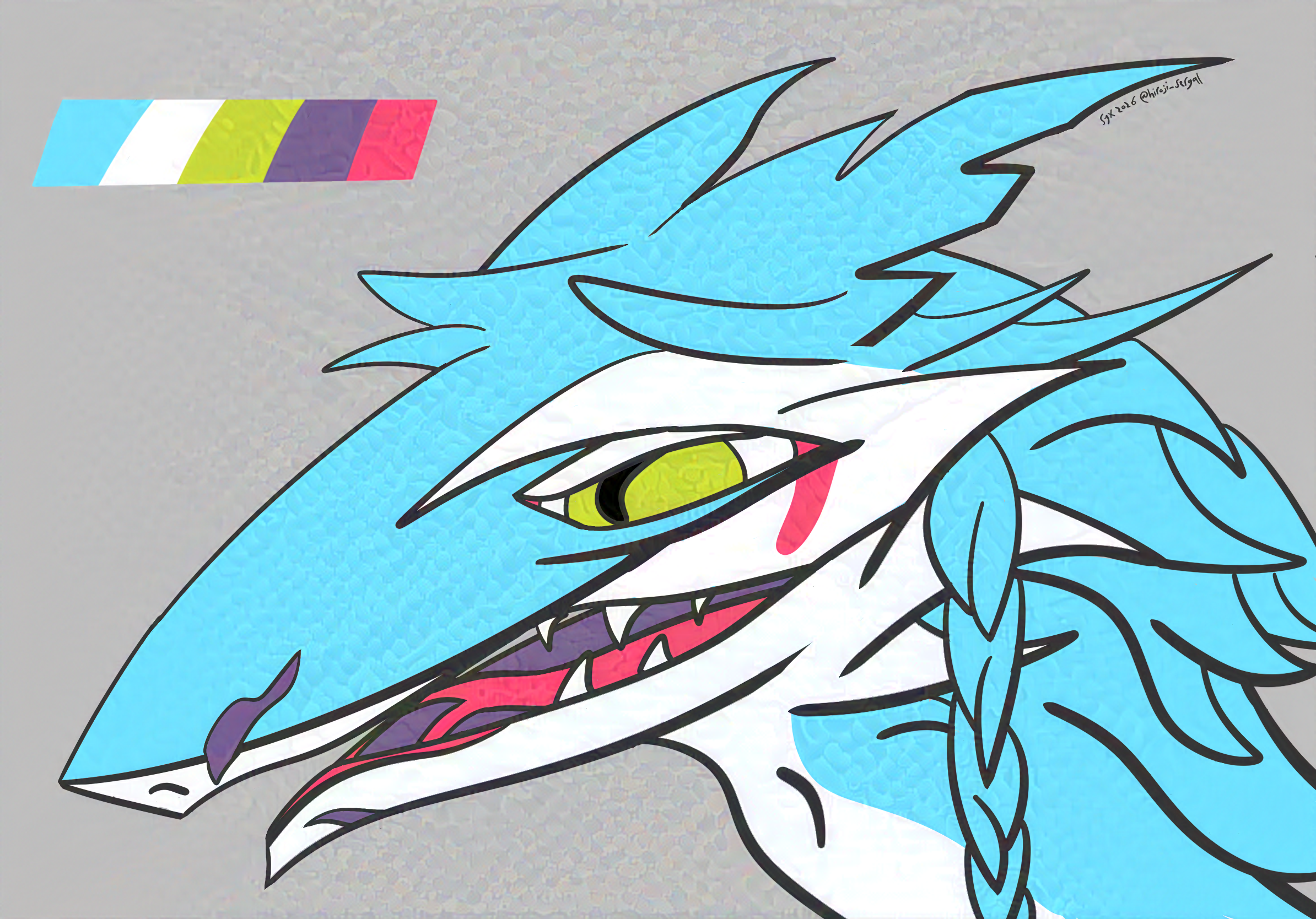 digital headshot side portrait of a blue sergal with braids, green-yellow eye and purple scares and split tongue with chunks of right hand ear missing.